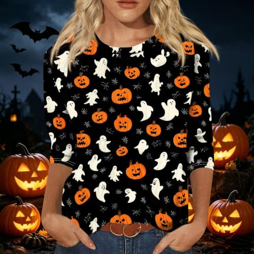 Image of Women Spooky Halloween Graphic Shirt 3 /4 Length Sleeve Crewneck Top | Halloween Funny Printed Pumpkin Plus Size Tshirts 2026 Fall Outfits Skeleton Tee Going Out Tops