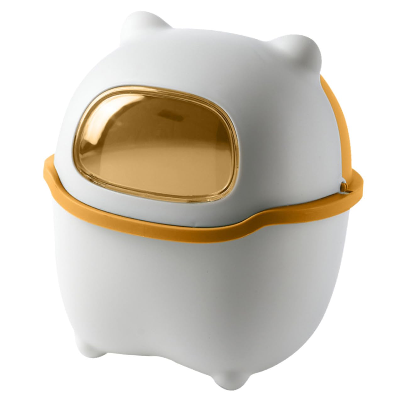 Cartoon Bear Mini Desk Trash Can with Lid, Small Desktop Wastebasket for Bedroom, White and Yellow Plastic Flip-top Garbage Bin for Room Storage