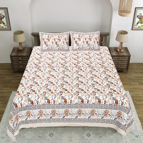 Image of Living Roots Jaipuri Hand Block Print Double Cotton Bedsheet & 2 Pillow Covers, for Mattress Upto 8 inches Thick, No Colour Bleeding, Beige Colour, Super King Size 96 * 104 inches, 150TC (576-A)