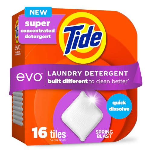 Tide evo Laundry Detergent Spring Blast Scent Works on 100% of Common Stains Concentrated Travel Detergent HE Compatible and Instant Dissolve Fights Stains Better than Leading Detergent Sheet 16 Count