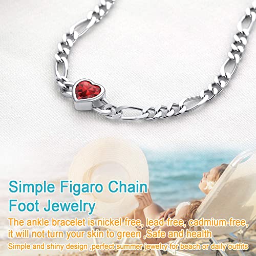 Silvercute Women Girls Barefoot Jewelry Simulated Heart Gem Inlaid 925 Sterling Silver Figaro Chain Anklets #TOP2