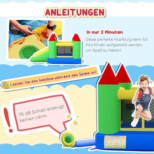 HOMCOM Aufblasbare Hüpfburg mit Gebläse, Kinderhüpfburg, Spielburg mit Rutsche, Trampolin, Sicherheitsnetz, für Kinder 3 bis 10 Jahre, Oxford, 300 x 180 x 160 cm