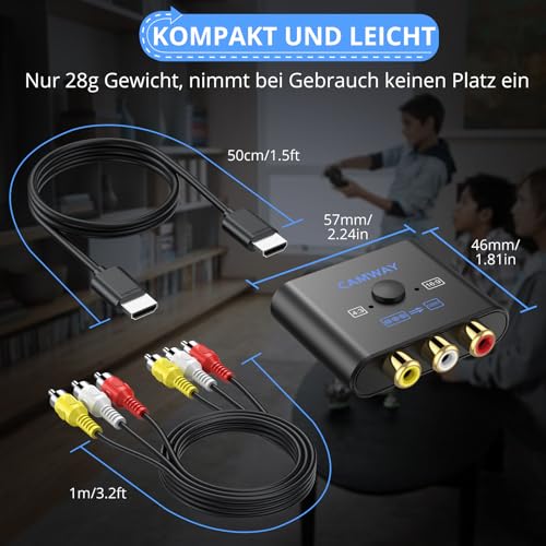 CAMWAY RCA auf HDMI Adapter, 16:9/4:3 Konvertierung 1080P Composite Cinch Video Audio Konverter mit 50CM HDMI Kabel und 1M AV Kabel, AV zu HDMI Adapter Unterstützt PAL/NTSC für Wii/PS1/PS2/N64/DVD/VCR