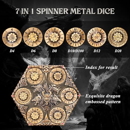 Image of Kabinka DND Dice Set, 7 in 1 Metal Spin-Dial Dice with Storage Bag, Portable Celtic Knot D&D Dice for D4 /D6 /D8 /D10 /D12 /D20 Role Playing Board Games (Matte Gold)