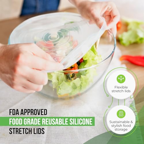 Image of Reusable Silicone Stretch Lids for Food Storage in Fridge - Elastic Heat-Resistant Bowl Covers, Cups, Cans, Jars - Universal Food Grade Lid for Round and Rectangle Containers - Dishwasher Safe -7 Pack