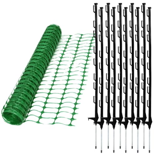 1m x 50m Green Mesh Barrier Safety Fence 110gsm & 10 Black Plastic Fencing Post Pins