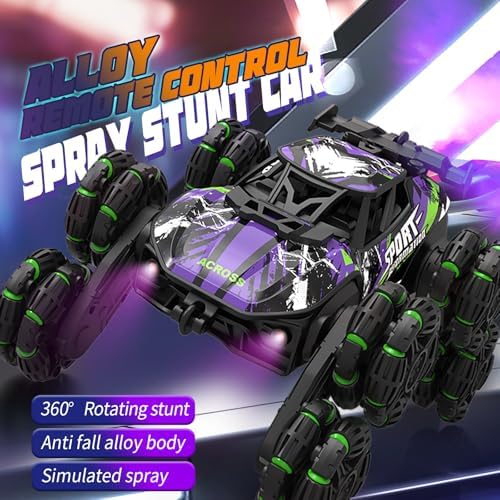FORESTDREAM RC Stunt Car, 8-Wheel Remote Controlled Car from 4-10 Years, Off-Road Vehicle with Spray, LED & Music, 2.4 GHz Toy Car for Boys & Girls, Toy from 5 6 7 9 Years Boy (Green)