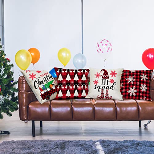 Christmas Decor Pillow Covers 18"X18" Farmhouse Black Red Buffalo Plaids Winter Holiday Set Of 4 Linen Xmas Gnomes Truck Snowflake Reindeer Decor Throw Pillow Covers For Sofa Couch (Red Black P2) #TOP3