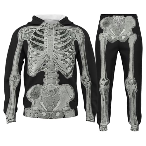 Generisch Disfraz de Halloween para hombre, traje de chándal de esqueleto de 2 piezas, juego de algodón con capucha, para hip hop, ropa de calle, deporte, ocio, carnaval y cosplay, Negro , 4XL