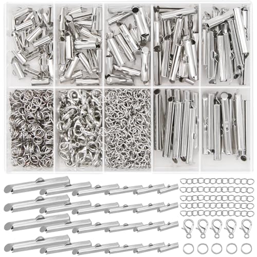 JOJOPLAY All Size Slider Clasp for Beading Slide Tube Cord Ends with Open Jump Rings Lobster Clasp Chain Extender Jewelry Finding Kit Bead Loom End Bar for Jewelry Making (Silver)
