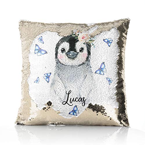 Image of Hairyworm Personalised Cushion, Champagne, Silver, Blue, Red or Gold Squin Flip Square Cushion Customised with Initial/Name/Text, Penguin Butterfly Design, Square Pillow