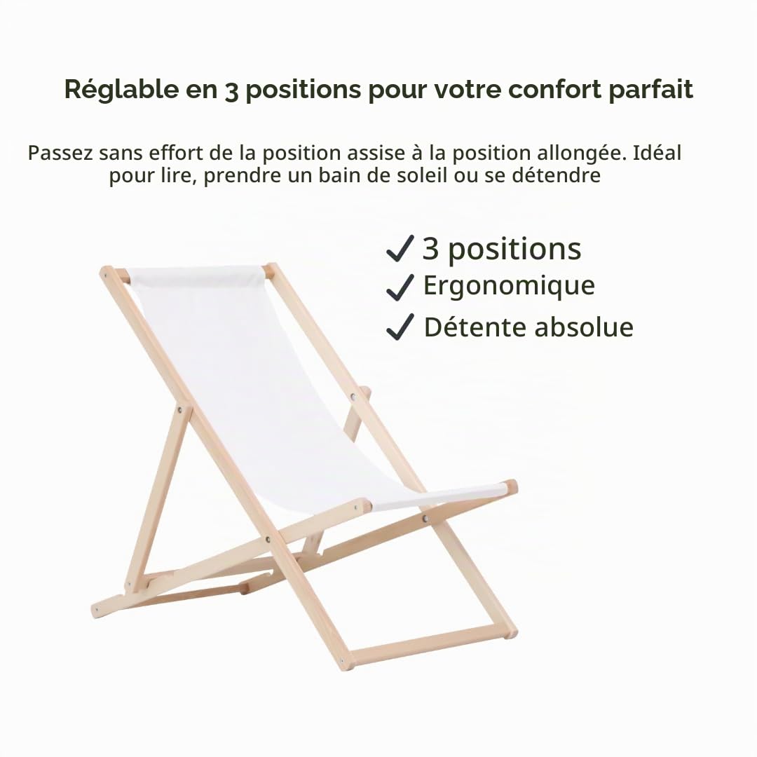 BAS Chaise Longue Pliante en Bois - Lot de 2 Transates de Plage Chaise Blanc - Chilienne Pliante - Chaise Longue Jardin Relax Pliable pour Balcon, Plage, terrasse et Camping