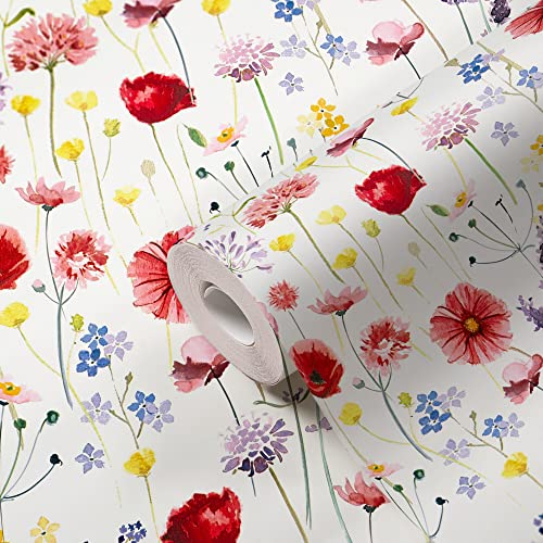 WALLCOVER Papier peint intissé Motif floral Rouge Bleu Vert Rose Multicolore Pré Fleurs Fleurs Papier peint Style maison de campagne Vintage pour salon, chambre à coucher, cuisine, couloir Cover