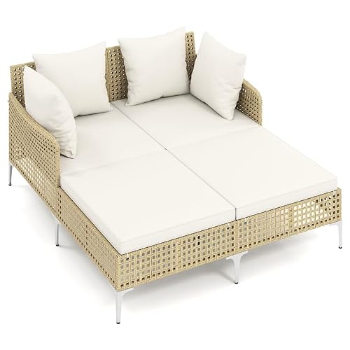 LIFEZEAL Bain de Soleil Double en Rotin 2 Personnes, Transat Jardin avec Coussins, Structure en Métal, Pieds Réglables, Canapé d'Extérieur d'une Capacité de 360 kg pour Terrasse, Balcon, Piscine