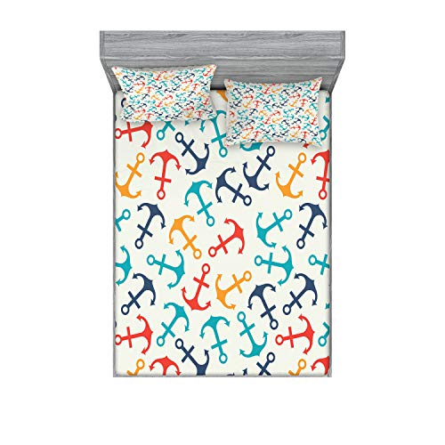 Ambesonne Anchor Fitted Sheet & Pillow Sham Set, Anchor Shape in Lines Tropics Getaway Ship Cruise Transport Repeating Tile, Decorative Printed 3 Piece Bedding Decor Set, Full, Beige Multicolor