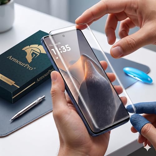 Image of ArmourPro UV Tempered Glass for Motorola Edge 60 Fusion 5G with Black Camera Ring Guard Combo, Crystal Clear Screen Protector, Case Friendly, Anti-Scratch, Bubble-Free Installation Kit