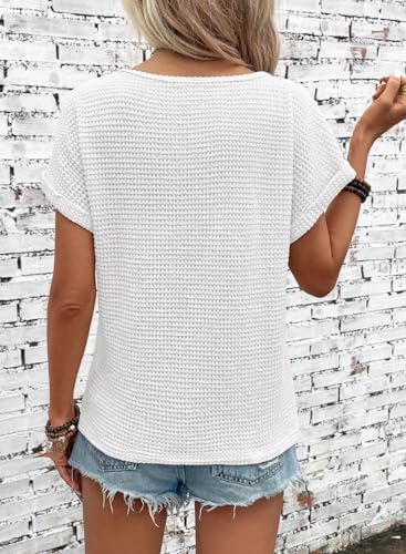 Dokotoo Summer Tops for Women Trendy Short Sleeve V Neck Waffle Knit Hollow Out Lace Womens Shirts 2025 Casual Solid Color Textured T Shirts Blouses Basic Tee White — view 6