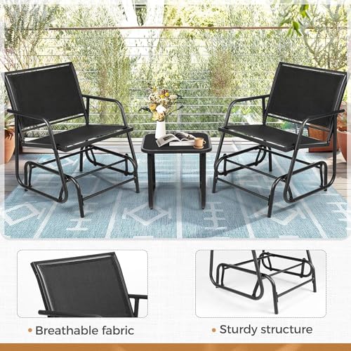 Betterland 3-Piece Outdoor Patio Swing Glider Loveseat Chair, Garden Rocking Chair Patio Bench for 2 Person, Steel Frame Porch Chair Set with Textilene Fabric(Black)