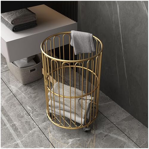 Metal Frame Rolling Laundry Basket with Lockable Wheels Clothes Storage Basket for Bedroom Bathroom Dorm 360° Rolling Laundry Cart Gold (Gold 1)