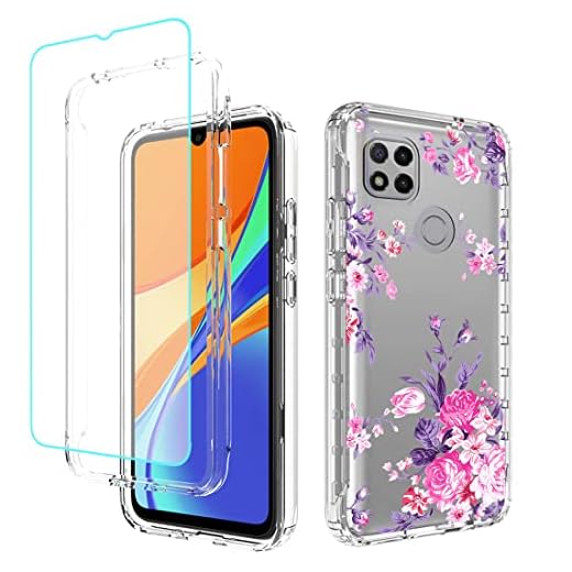 sidande Capa para Xiaomi Redmi 9C com protetor de tela de vidro temperado, à prova de choque, transparente, floral, macia, fina, capa protetora de telefone para Xiaomi Redmi 9C (flor rosa)