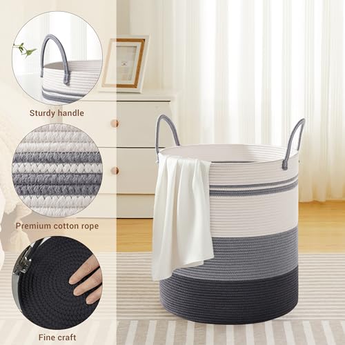 Image of 53L Tall Cotton Rope Laundry Basket with Handles, Grey Striped
