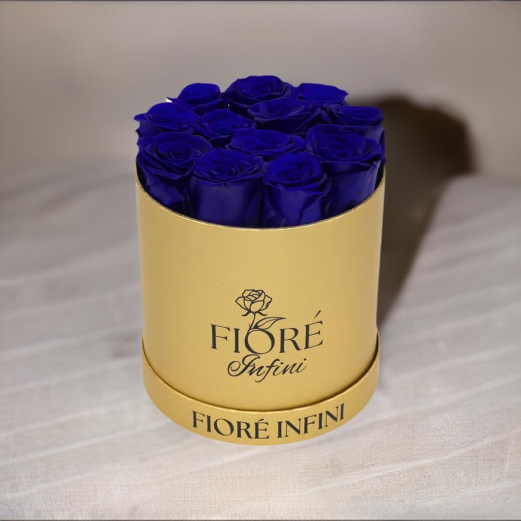 Fiore Infini Royal Blue Preserved Roses - 12-14 Preserved Roses In Gold Round Box, 1-3 Years, Water-Free, Suited for Gents, Unique Office Decor
