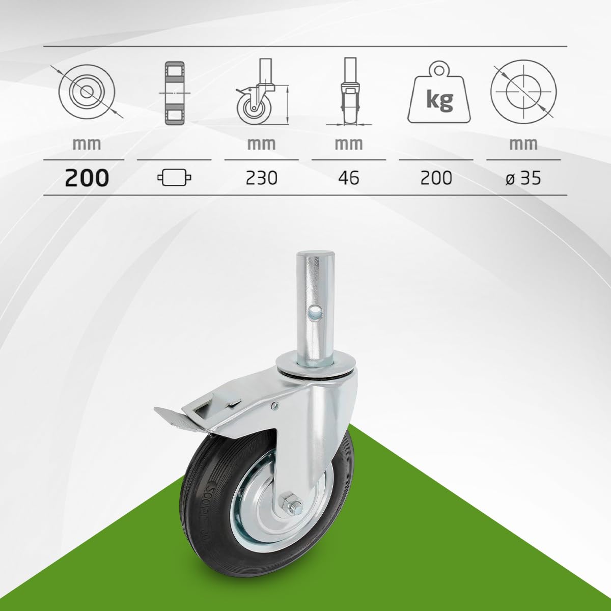 Amig - Rueda Andamio Macho con Freno - Ø200 mm - Núcleo Metálico y Banda de Goma - Rodamientos de Rodillos - Soporta 200 kg - Ideal para Andamios y Suelos Interiores/Exteriores - Ruedas Giratorias