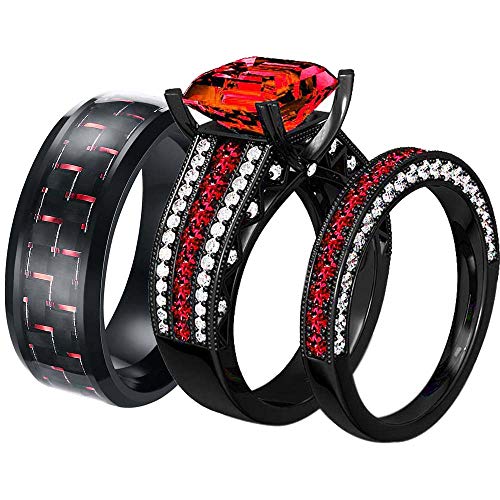 ringheart 2 Rings His and Hers Couple Rings Black Plated Red Cz Womens Wedding Ring Sets Titanium Steel Mens Wedding Bands