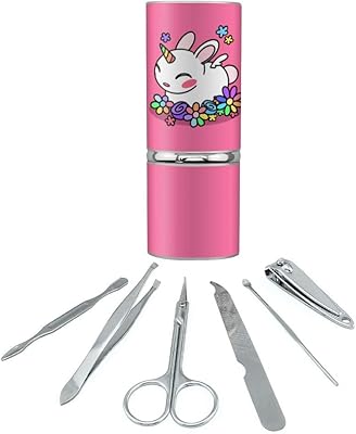Cute Unicorn Bunny Rabbit with Rainbow Flowers Stainless Steel Manicure Pedicure Grooming Beauty Care Travel Kit