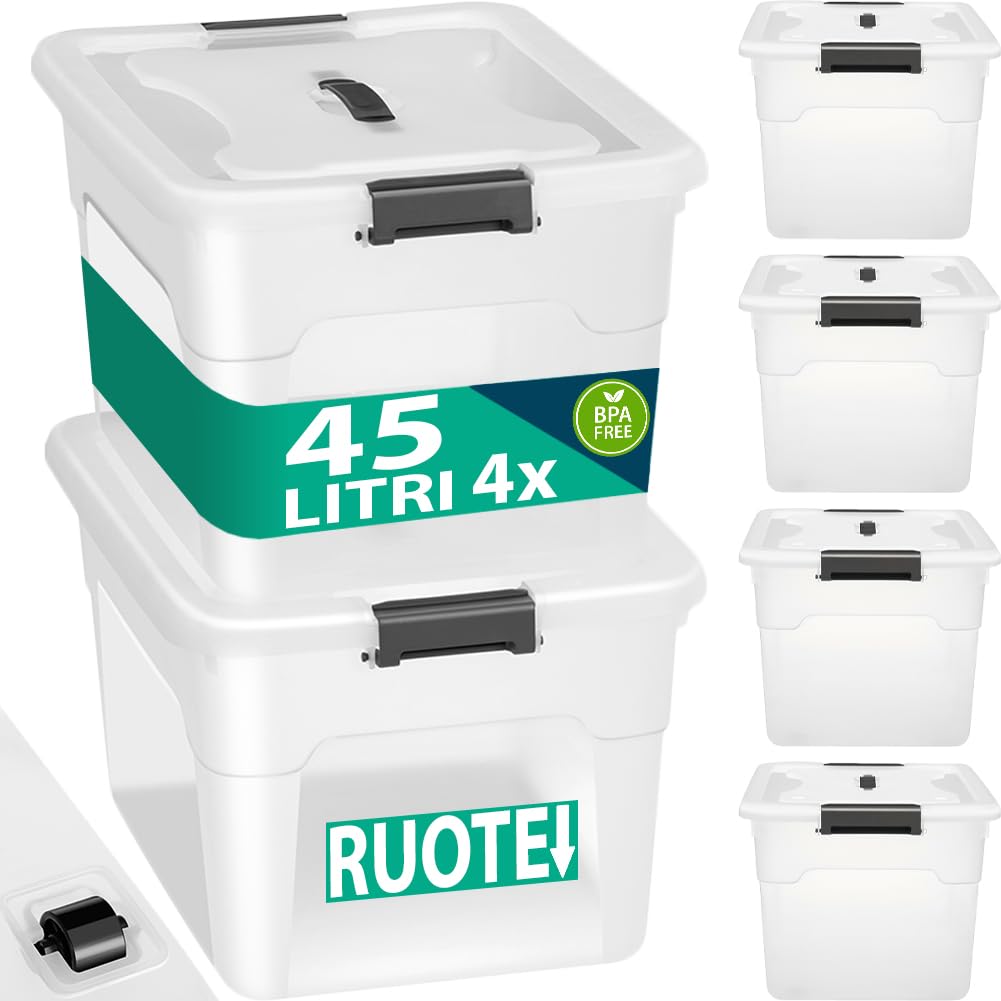 BAKAJI Juego de 4 contenedores con tapa para ropa de plástico con ruedas, portaobjetos apilables para almacenamiento de ropa, cajas para armario, juguetes, libros, ahorra espacio (4 x 45 l alto)