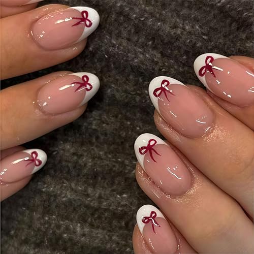 White French Tip Press On Nails Almond Short Fake Nails with Red Bow Design False Nails Valentines Day Bow Full Cover Acrylic Artificial Nails Press Ons Glue Stick On Nail for Women DIY Manicure 24PCS