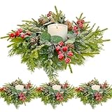 Christmas Candle Rings Wreath - 3.5' 4PCS, Table Centerpieces, Norfolk Pine Red Berry Pinecones, Holder Table Decorations, Small Pine Garlands for Home Holiday Wedding