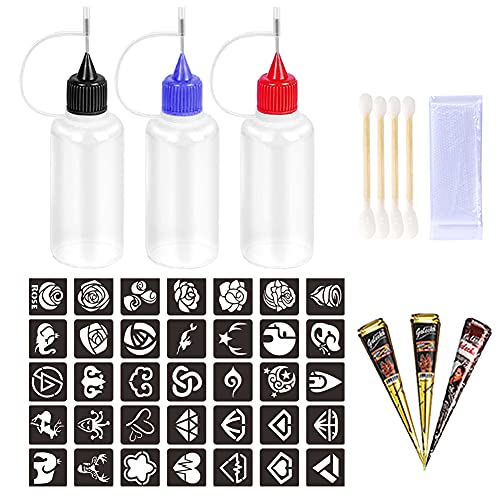 Henna Tattoo Applicator Bottles Temporary Tattoos Kit Body Art Painting Stencils for Henna Tattoo Ink Cones Paste - 3 Pcs (Black Brown)