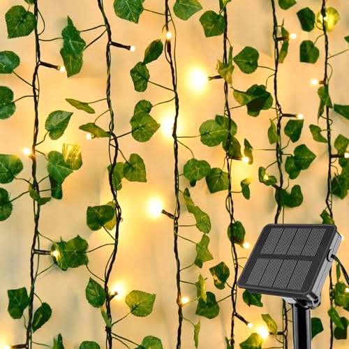 Gcstnn Solar Efeu Lichterkette Aussen, 5M 50LED Solar Efeu Lichterkette, 8 Modi IP65 Wasserdicht Künstlich Efeu Girlande mit Lichterkette