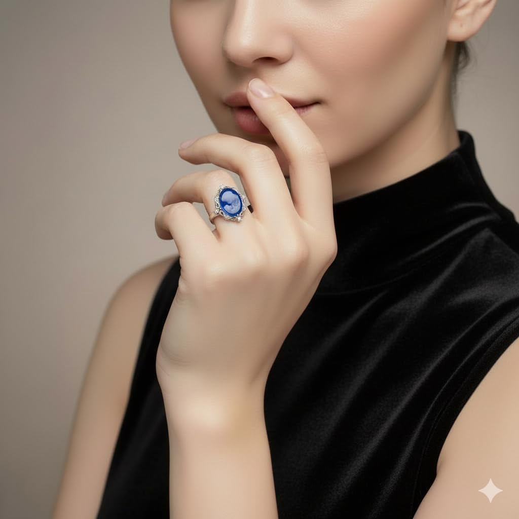 Jewelili Sterling Silver Statement Ring for Women | Pink or Blue Agate Cameo & Created White Round Sapphire | Luxury Jewelry| Gift Box Included