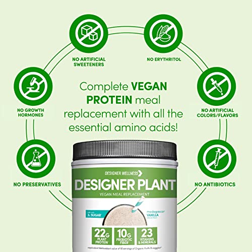 Designer Wellness, Designer Plant Meal Replacement, Pea Protein and Organic Sprouted Rice Protein Powder with Vitamins, Minerals, Healthy Fats, and Antioxidants, Madagascar Vanilla, 1.32 Pounds