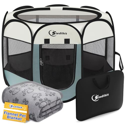 Image of Sieidihit Dog Cat Playpen Tent Crate Cage with Blanket, Small Grey | Rest Zone for Recovering Pets New Pet Quarantine Room Portable Pop Up Easy to Set up lightweight dog Kennel with Carrying Bag
