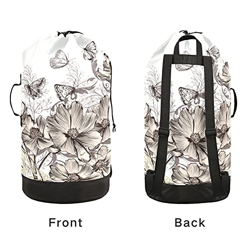 Flowers Butterfly Vintage Laundry Backpack Large Heavy Duty Laundry Bag For College Students Laundry Bag With Shoulder Straps Washable For Camp Traveling Waterproof #TOP2