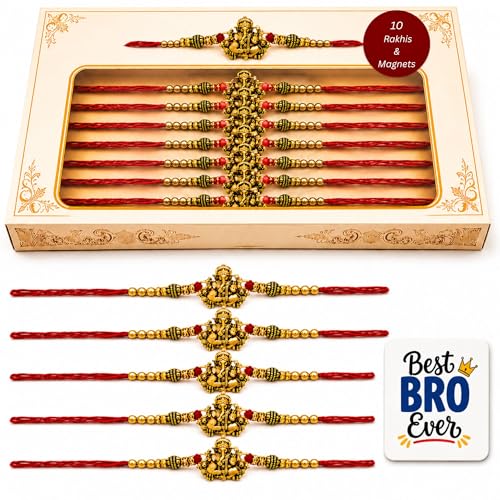 Image of eCraftIndia Pack of 10 Golden Religious Designer Ganesha Rakhi for Brother Bhaiya Bhai | 10 Best Bro Ever Fridge Magnets | Roli Chawal Pack | Raksha Bandhan Rakhi Gift Set