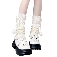 Women Knit Leg Warmers Winter Cute Knee High Socks with Bow and Fur Ball Aesthetic Boot Cuffs for