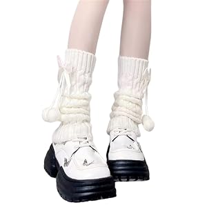 Women Knit Leg Warmers Winter Cute Knee High Socks with Bow and Fur Ball Aesthetic Boot Cuffs for
