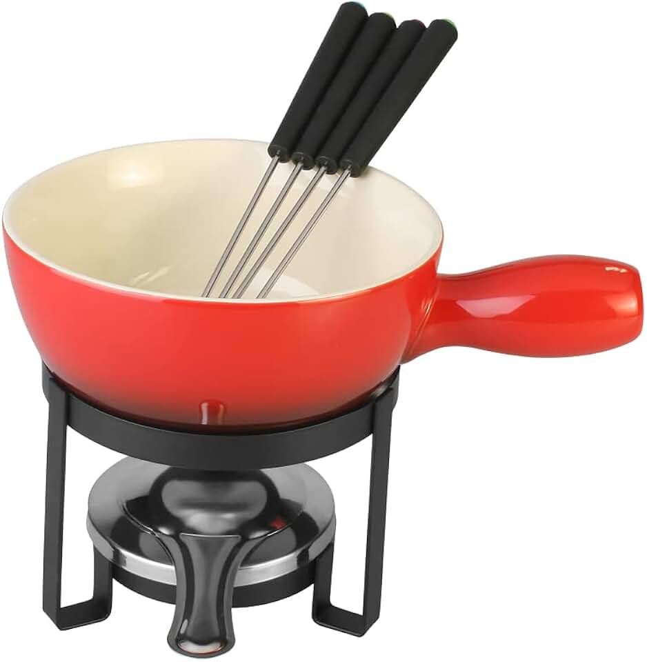 LYOR - Aparelho de Fondue 8 Peças para Queijo de Ferro com Pintura Epoxy e Cerâmica Vermelho - Ideal para Queijo
