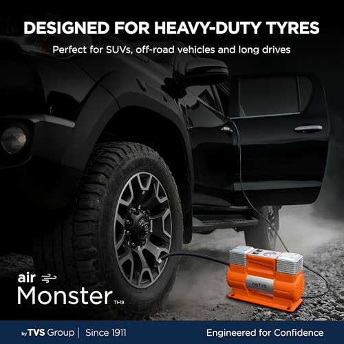 Image of myTVS air Monster Heavy Duty Tyre Inflator for SUV /Sedan, 150 PSI Metal Body Fast Inflation Air Pump for Car tire with Dual Cylinder High-Performance Compressor with LED & 1+1 Year Warranty (TI-18)