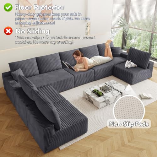 Image of Oversized Modular Sectional Sofa Couch,Large 8 Seater Corner Sofa Modern U Shaped Sectional Couch Cloud Couches for Living Room,Office,Spacious Space,Corduroy,No Assembly Required,Dark Grey