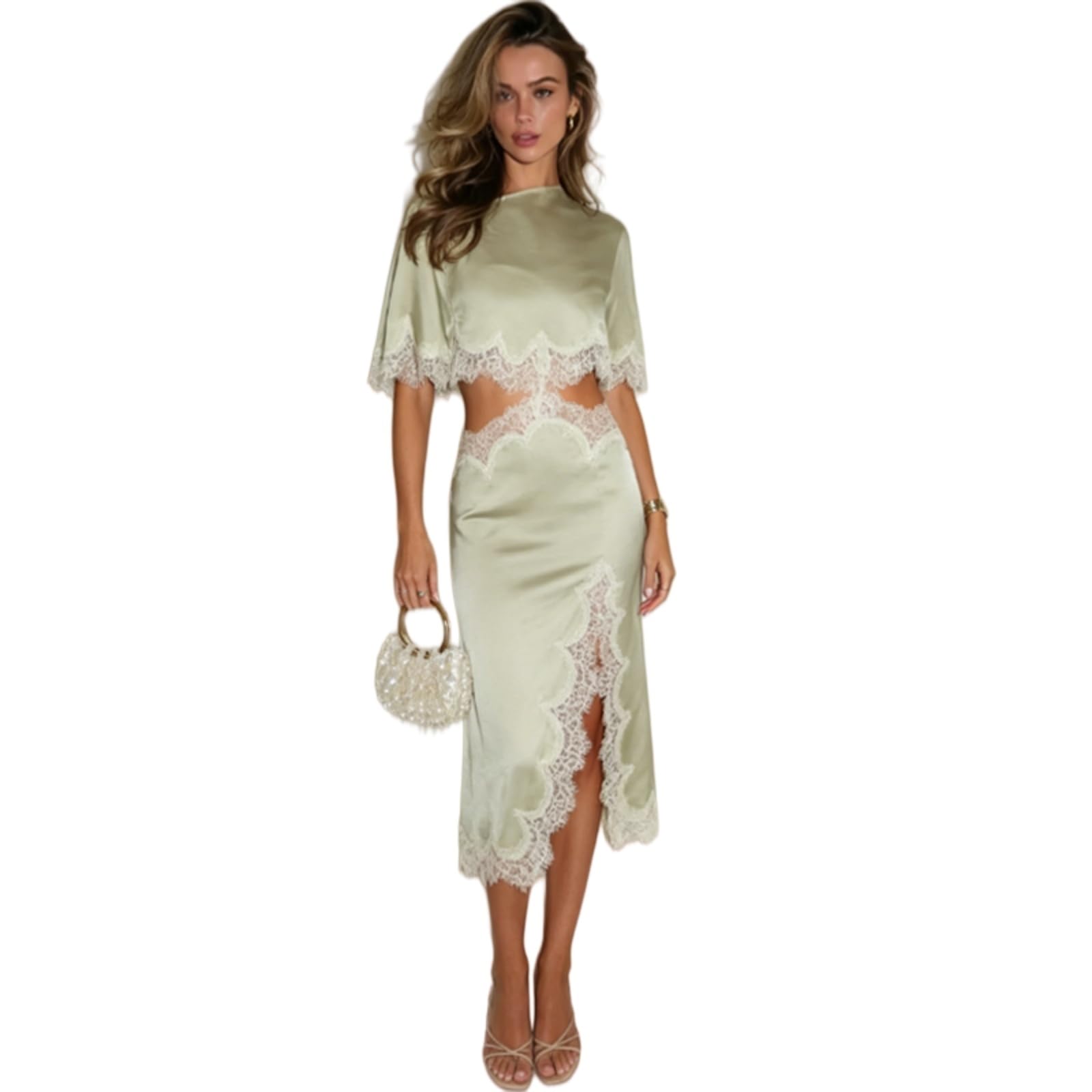 Vestito Donna Estate Raso Pizzo Abito Asimmetrico Midi O Collo Batwing Manica Elegante Party Outfit-Light Green-XS