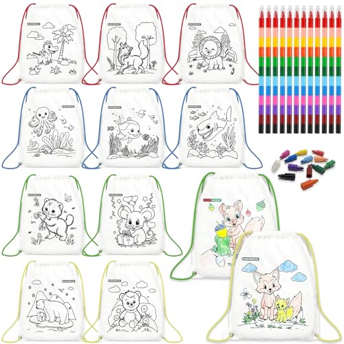 HahaMagic 12 Sacs à Dos à Colorier avec 12 Crayons de Couleur empilables (12 couleurs en un), convient comme Sac Anniversaire Enfant, Cadeau invite...