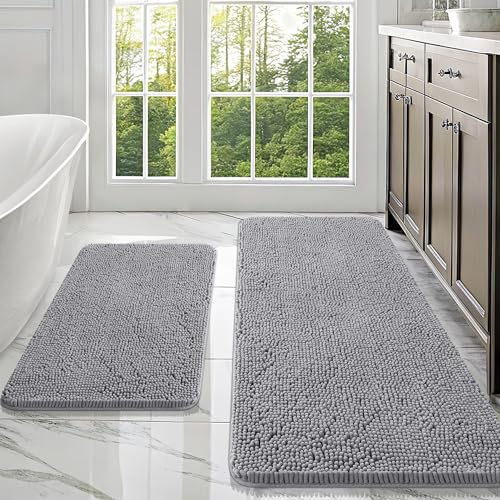 Image of OLANLY Bathroom Rugs Sets 2 Piece, Soft Absorbent Chenille Bath Mats Area Rug Set, Non-Slip, Quick Dry, Machine Washable Bath Mats for Bathroom, Home Decor Accessories (47 inchx20 inch+30 inchx20 inch, Grey)