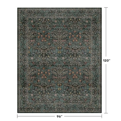 Image of Vintage Dark Green Living Room Rug, 8x10 Washable Area Rugs for Dining Room Under Kitchen Table, Bedroom, Oriental Low Pile Stain Resistant Non-Slip Large Carpet (8x10 Dark Green)