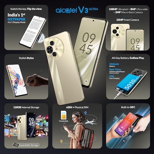 Image of Alcatel V3 Ultra 5G (Champagne Gold, 8GB+128GB) | India's 1st Patented NXTPAPER Superior Display |Segment's 1st Smartphone with Stylus | 108MP Ultra Pixel Camera | eSIM, NFC | with Charger