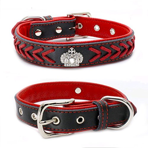 Dogs Kingdom 14.5"-24" Length Soft Genuine Leather Hand Made Rope Braided Dog Collar With Rhinestone Crown Decoration For Small Medium Dogs Pitbull Terrier Adjustable Red Xl #TOP24